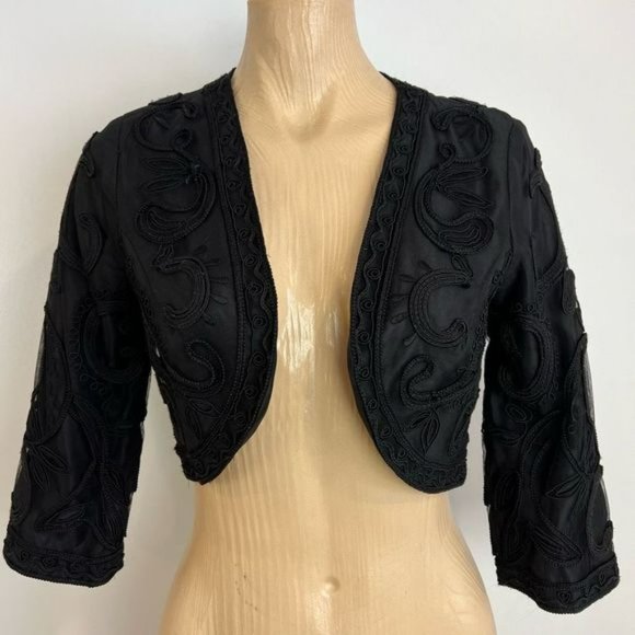 Vintage LeChateau Women’s Small Black Embroidered Cropped Jacket Coat Open - Picture 3 of 13